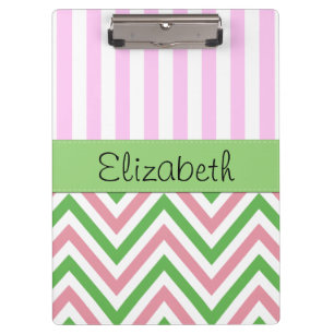 Carpeta De Pinza Zigzag, Chevron, Stripes, Rosa, Verde, Tu Nombre