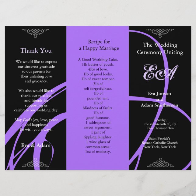 Carpeta del programa de bodas Twirl Purple Black (Anverso)