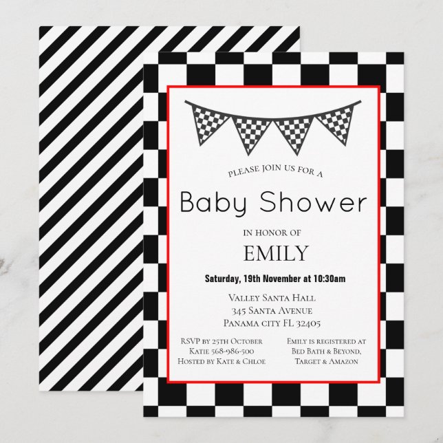 Carreras Coche Invitación a Baby Shower, Cumpleaño (Anverso / Reverso)