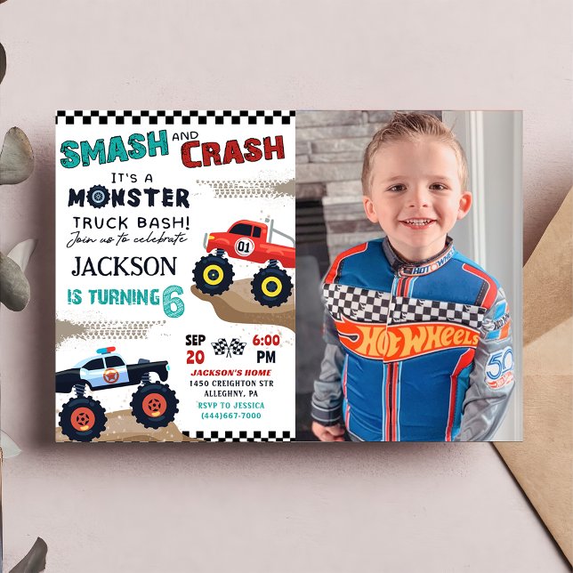 Carreras Monster Truck Boy Invitación a foto de cu (Subido por el creador)