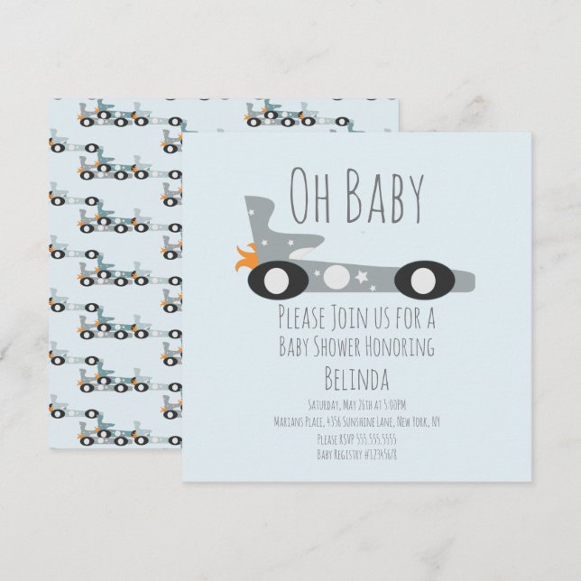Carreras retro Carros Baby Shower azul (Anverso / Reverso)