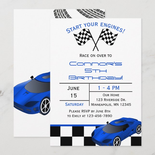 Carro de carreras azules | Invitación de cumpleaño (Anverso / Reverso)
