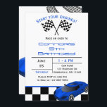 Carro de carreras azules | Invitación de cumpleaño<br><div class="desc">¿A tu hijo le ENCANTAN los autos? Empieza el fiesta con estas invitaciones divertidas que presentan un patrón de bandera a cuadros en blanco y negro, huellas de autos de carreras azules y neumáticos a través de la parte trasera de la invitación. Añade fácilmente la información de tu personalizado y...</div>