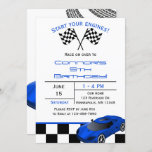 Carro de carreras azules | Invitación de cumpleaño<br><div class="desc">¿A tu hijo le ENCANTAN los autos? Empieza el fiesta con estas invitaciones divertidas que presentan un patrón de bandera a cuadros en blanco y negro, huellas de autos de carreras azules y neumáticos a través de la parte trasera de la invitación. Añade fácilmente la información de tu personalizado y...</div>