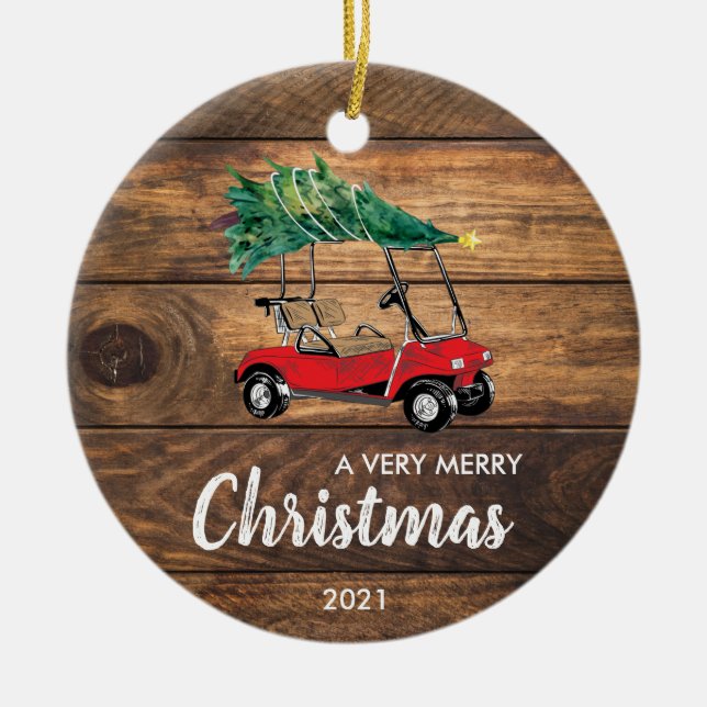 Carro de golf rojo con adorno navideño de árbol (Frente)
