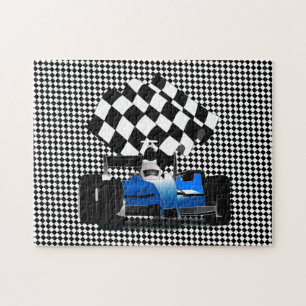 Carro de raza azul con rompecabezas de bandera rev