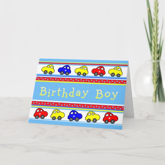 Carros y estrellas Tarjeta de cumpleaños de niño (Anverso)
