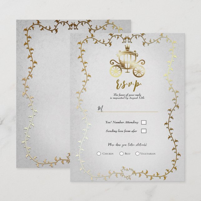 Carruaje Dorado Elegante Tarjeta de RSVP Boda Cuen (Anverso / Reverso)