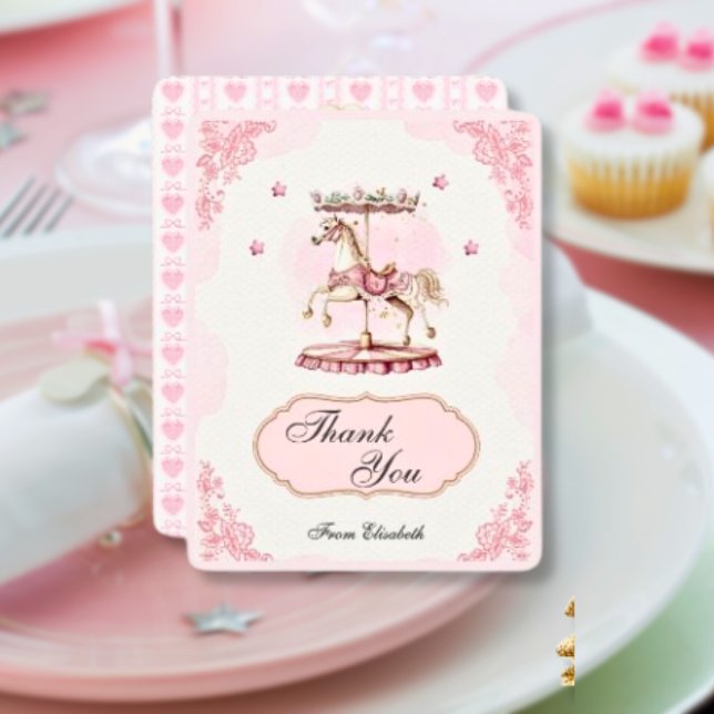 Carrusel de cosecha rosa - Tarjeta Baby Shower de  (baby-girl-shower-thank-you-card-pink-vintage-pony-carousel)