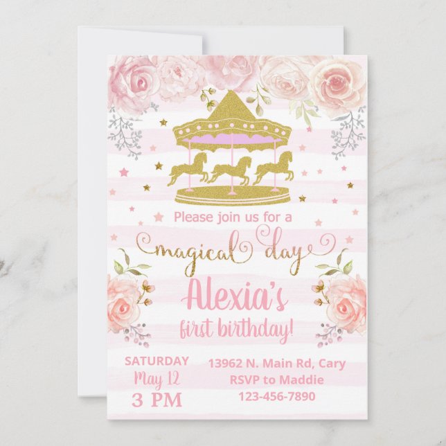 Carrusel de oro, alegre invitación de cumpleaños. (Anverso)