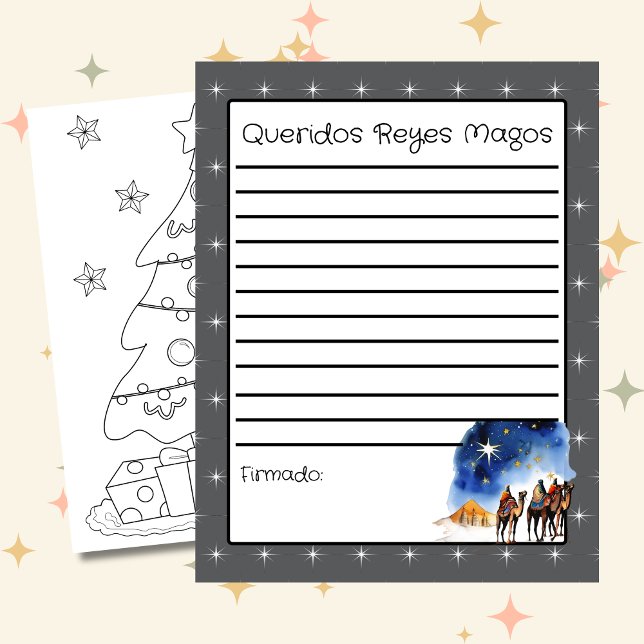 Carta a la página de los tres sabios gris + color (Spanish Letter to the wise men gray, custom text & language. Con jesus en el camino)