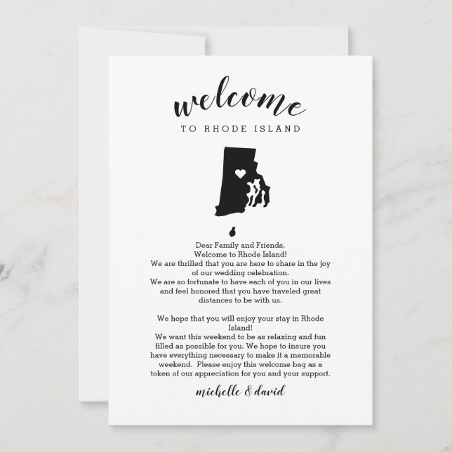 Carta Boda de Rhode Island de bienvenida e Itinera (Anverso)