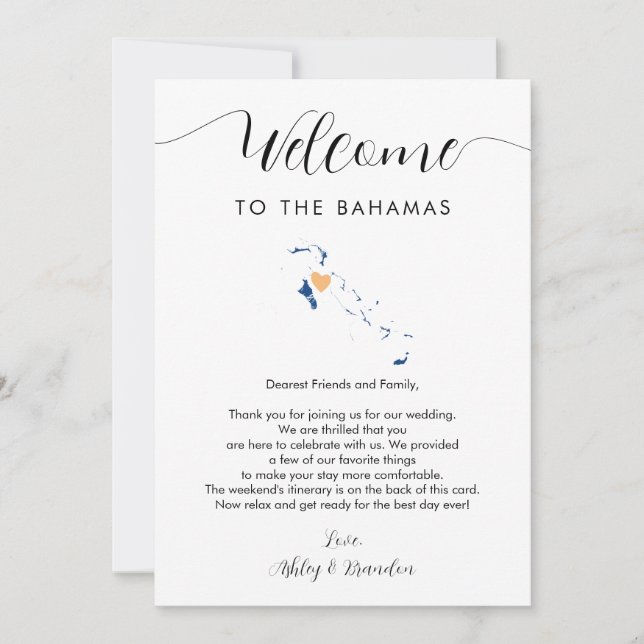 Carta de bienvenida a Boda de mapa de Bahamas tarj (Anverso)