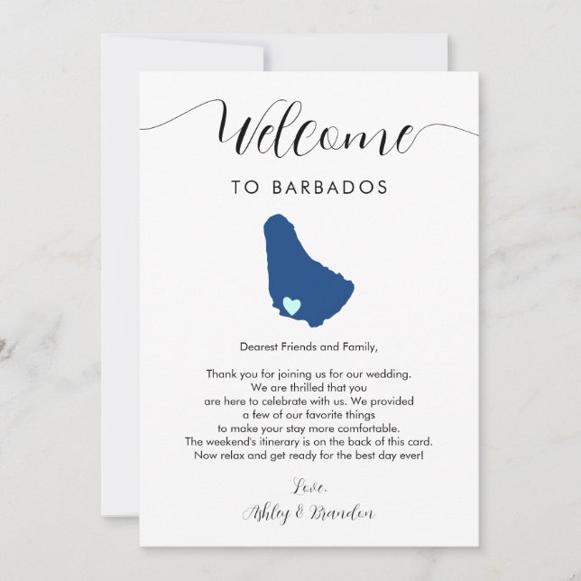 Carta de bienvenida a Boda de mapa de Barbados Tar (Anverso)