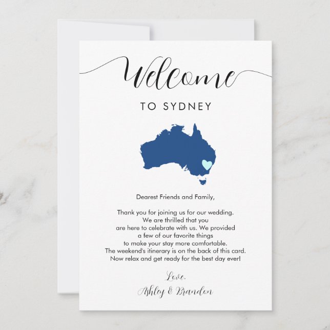 Carta de bienvenida a Bodas australianos tarjeta d (Anverso)