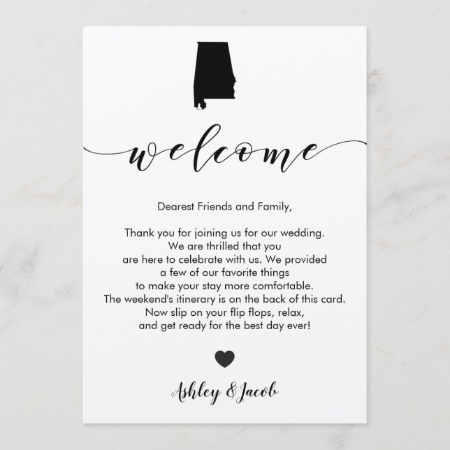 Carta de bienvenida al Boda de Alabama y tarjeta t (Anverso)