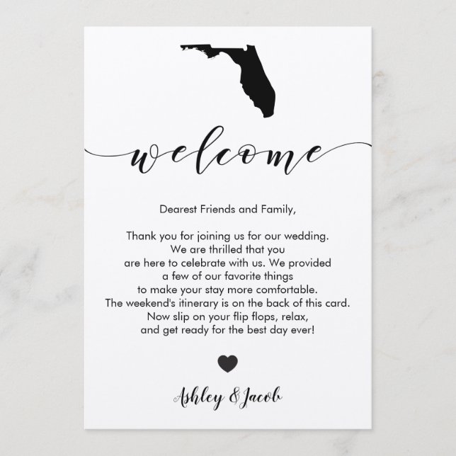 Carta de bienvenida al Boda de Florida y tarjeta t (Anverso)