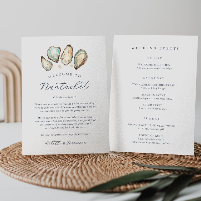Carta de bienvenida al Boda de ostras costeras e t (Coastal wedding welcome letter and itinerary)