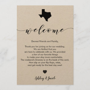 Carta de bienvenida al Boda de Texas y tarjeta tin