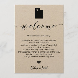 Carta de bienvenida al Boda Utah y tarjeta tinerar