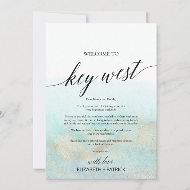 Carta de bienvenida Aqua Beach Key West e Itinerar (Anverso)