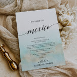 Carta de bienvenida Aqua Gold Beach Mexico e tiner<br><div class="desc">Estas tarjetas de bienvenida e itinerario de la playa dorada de aqua Mexico son perfectas para una boda de destino tropical. El diseño es sencillo y moderno, con una impresionante acuarela turquesa, verde azulada y azul claro con un suave brillo dorado que recuerda a la arena y al mar. Está...</div>