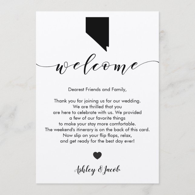 Carta de bienvenida Boda de Nevada y tarjeta tiner (Anverso)