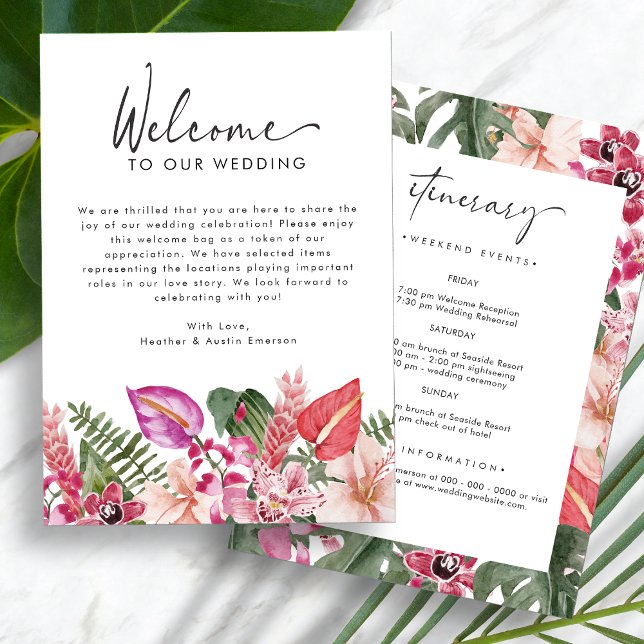 Carta de bienvenida Boda tropical (Tropical Floral Wedding Welcome Letter Itinerary by Painted Paperie
)
