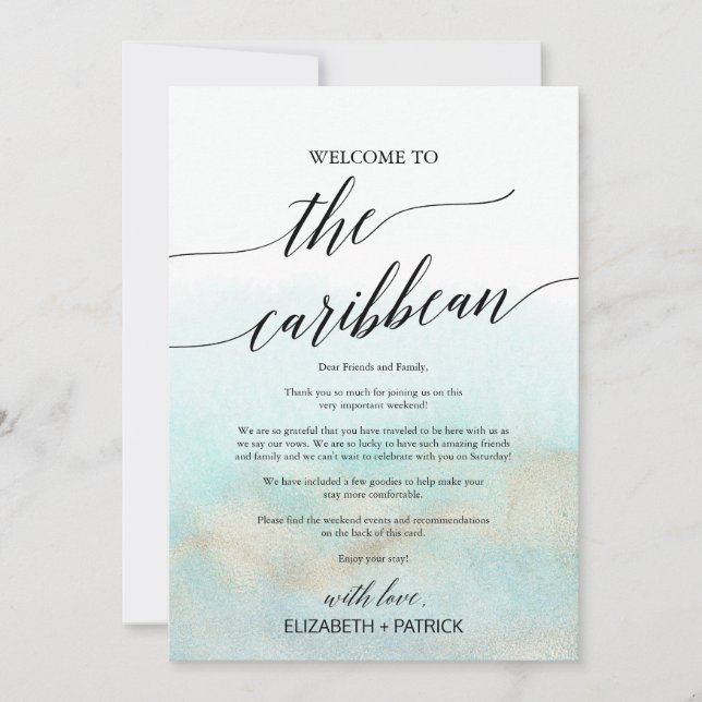 Carta de bienvenida caribeña de Aqua Beach e Itine (Anverso)