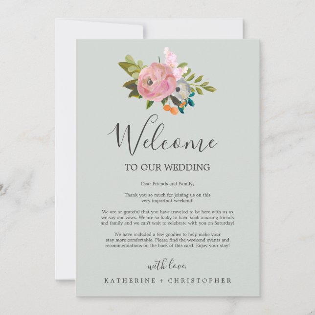 Carta de bienvenida con Boda floral pintado e tine (Anverso)