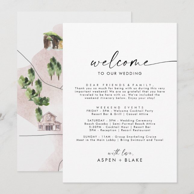 Carta de bienvenida con guión moderno Itinerario y (Anverso / Reverso)