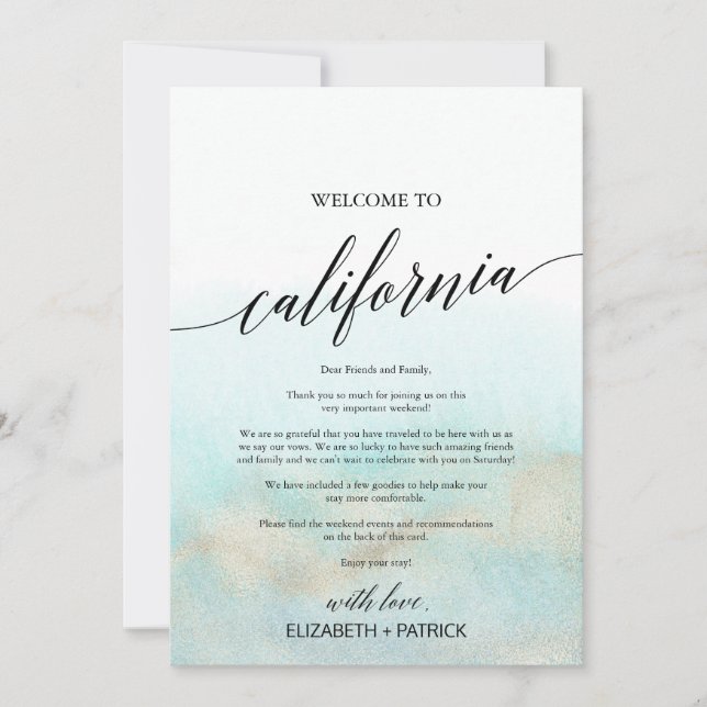 Carta de bienvenida de Aqua Beach California e Iti (Anverso)