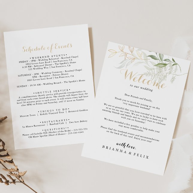 Carta de bienvenida de Boda de follaje verde dorad (Subido por el creador)