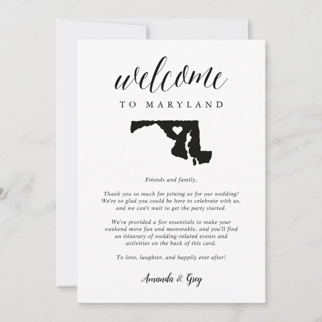 Carta de bienvenida de Boda de Maryland e tinerari (Anverso)