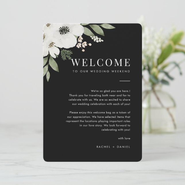 Carta de bienvenida de Boda floral y tarjeta tiner (Anverso de pie)