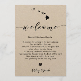 Carta de bienvenida de Boda hawaiano y tarjeta tin