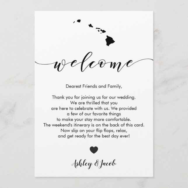 Carta de bienvenida de Boda hawaiano y tarjeta tin (Anverso)