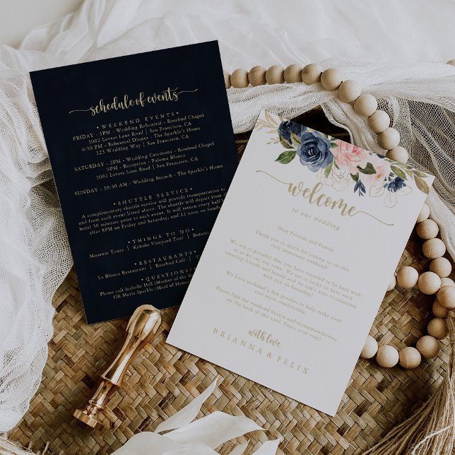 Carta de bienvenida de Boda Navy Rubor Floral Gold (Subido por el creador)