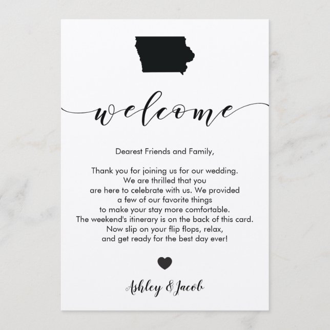 Carta de bienvenida de Iowa Boda y tarjeta tinerar (Anverso)