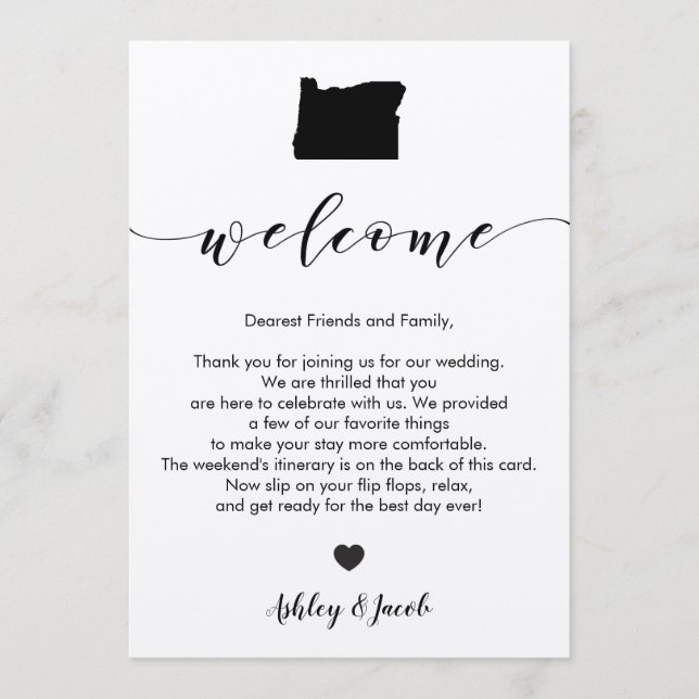 Carta de bienvenida de Oregon Boda y tarjeta tiner (Anverso)