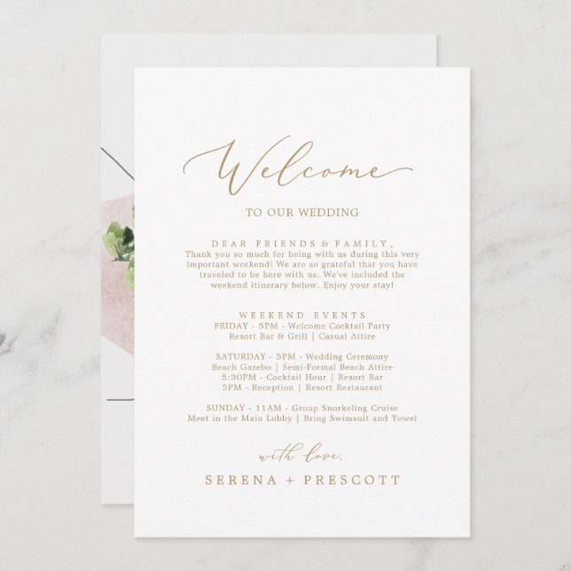 Carta de bienvenida de oro Delicada Itinerario y M (Anverso / Reverso)