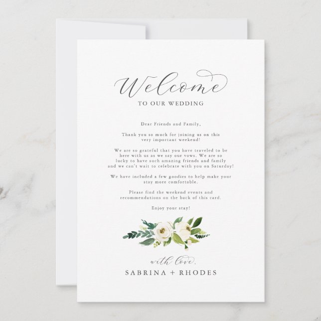 Carta de bienvenida elegante con flores blancas e  (Anverso)
