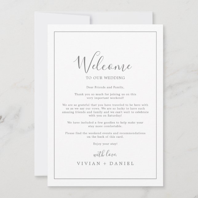 Carta de bienvenida mínima de Boda plateado e tine (Anverso)