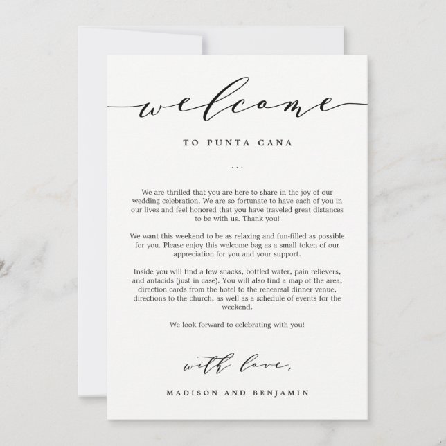 Carta de bienvenida y bolso de bienvenida para Bod (Anverso)