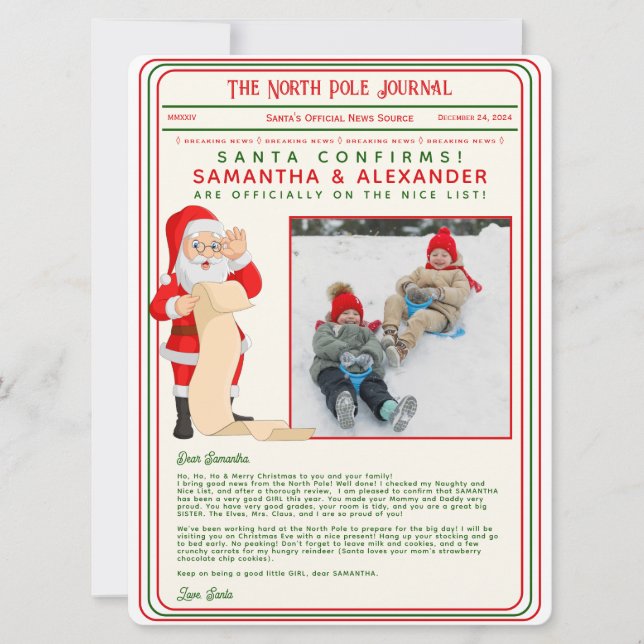 Carta de los navidades del periódico Santa North P (Anverso)