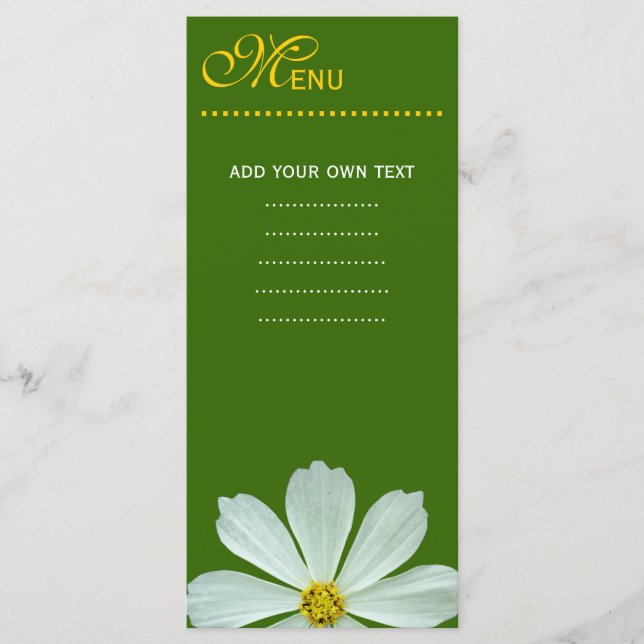 Carta de menú de la cena. flor de margarita blanca (Anverso)