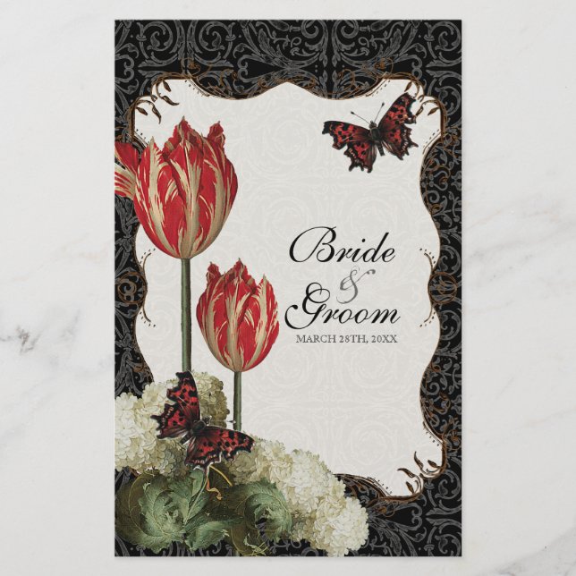 Carta de menú de la cena - Negro y crema Red Tulip (Anverso)