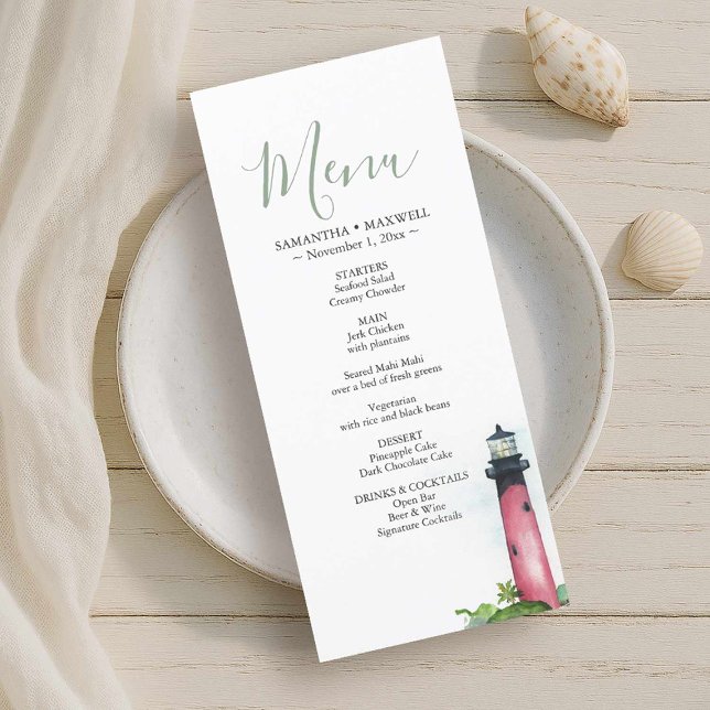 Carta de menú del faro de la recepción de bodas de (Beach wedding in Florida features watercolor Jupiter lighthouse menu card by Victoria Grigaliunas)