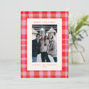 Carta de Navidad con Foto de Cuadro Escocés Rosa y
