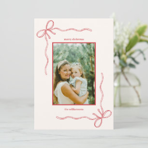 Carta de Navidad con foto familiar y lazo rojo per